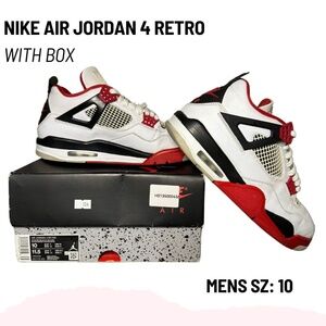 Nike Air Jordan 4 Retro OG GS 'Fire Red' & White/Black Sneakers - Size 10